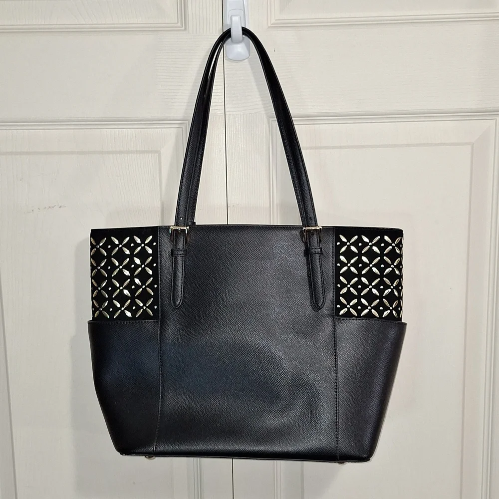 Michael Kors large suede jet set travel tote - black/gold laser cut - Picture 4 of 12